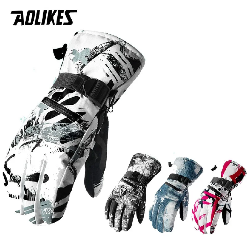 AOLIKES Thermal Ski Gloves Men Women Winter Fleece Waterproof Warm Snowboard Snow Gloves 3 Finger Touch Screen for Skiing Riding